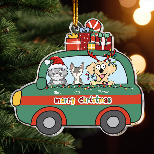 Little Pets On The Christmas Bus - Personalized Acrylic Ornament