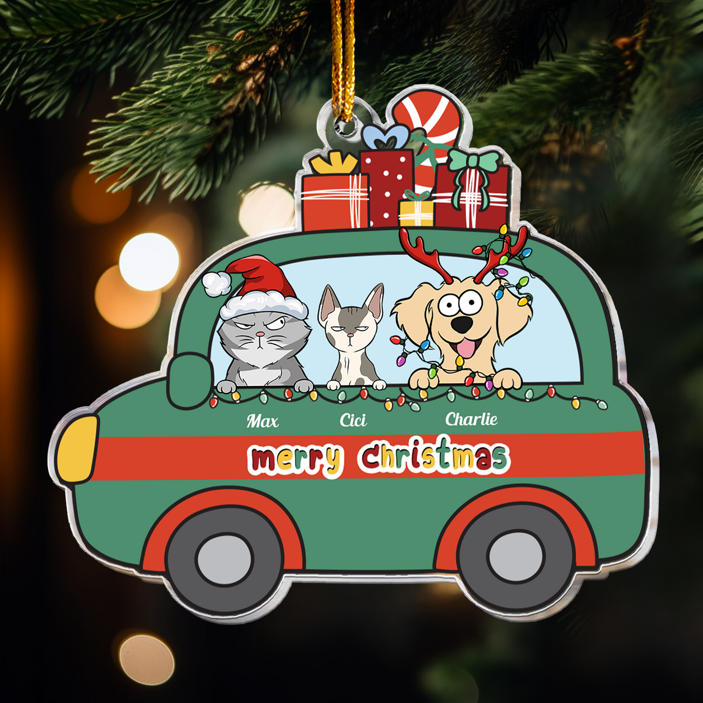 Little Pets On The Christmas Bus - Personalized Acrylic Ornament