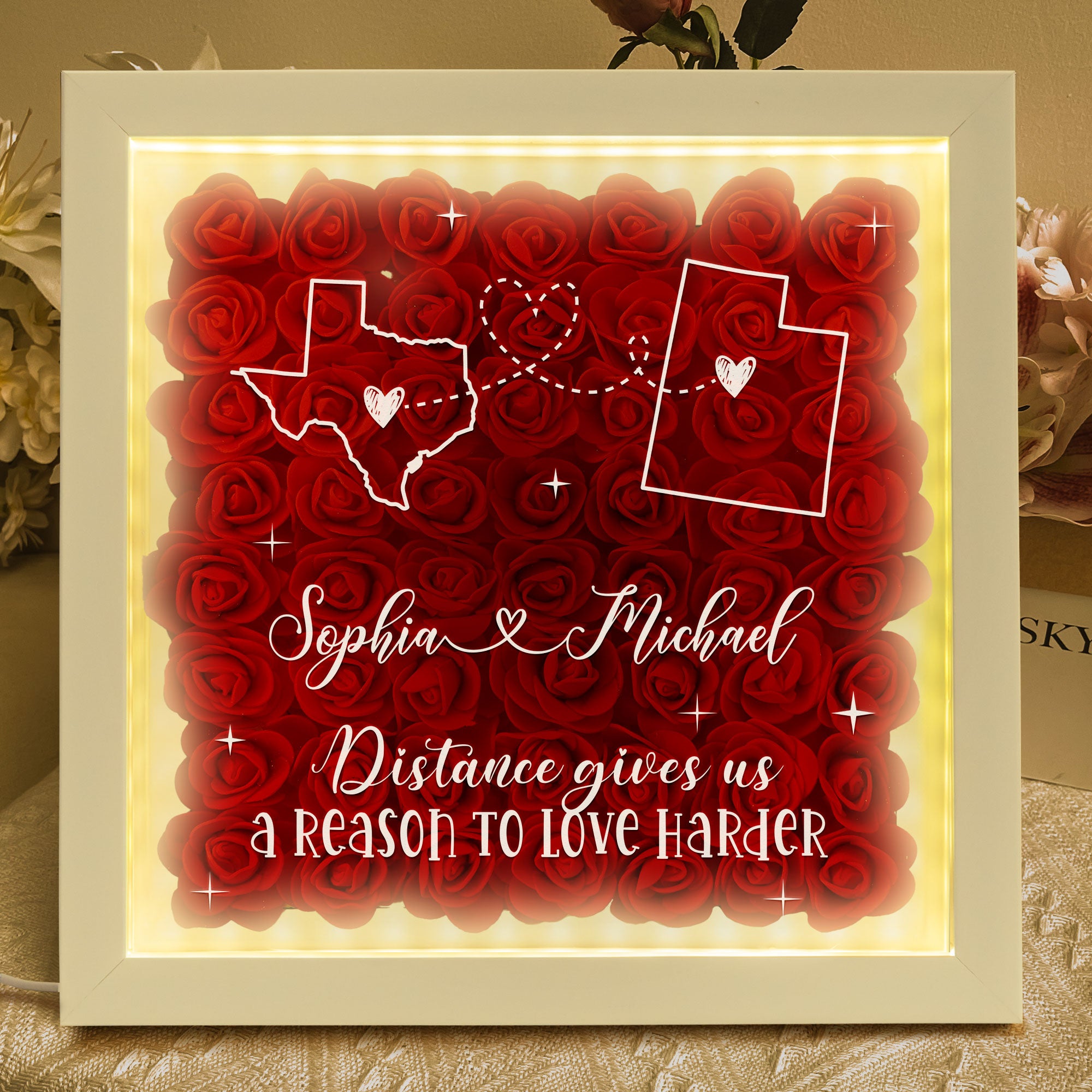 Long Distance Relationship For Couples - Personalized Flower Shadow Box With LED Light