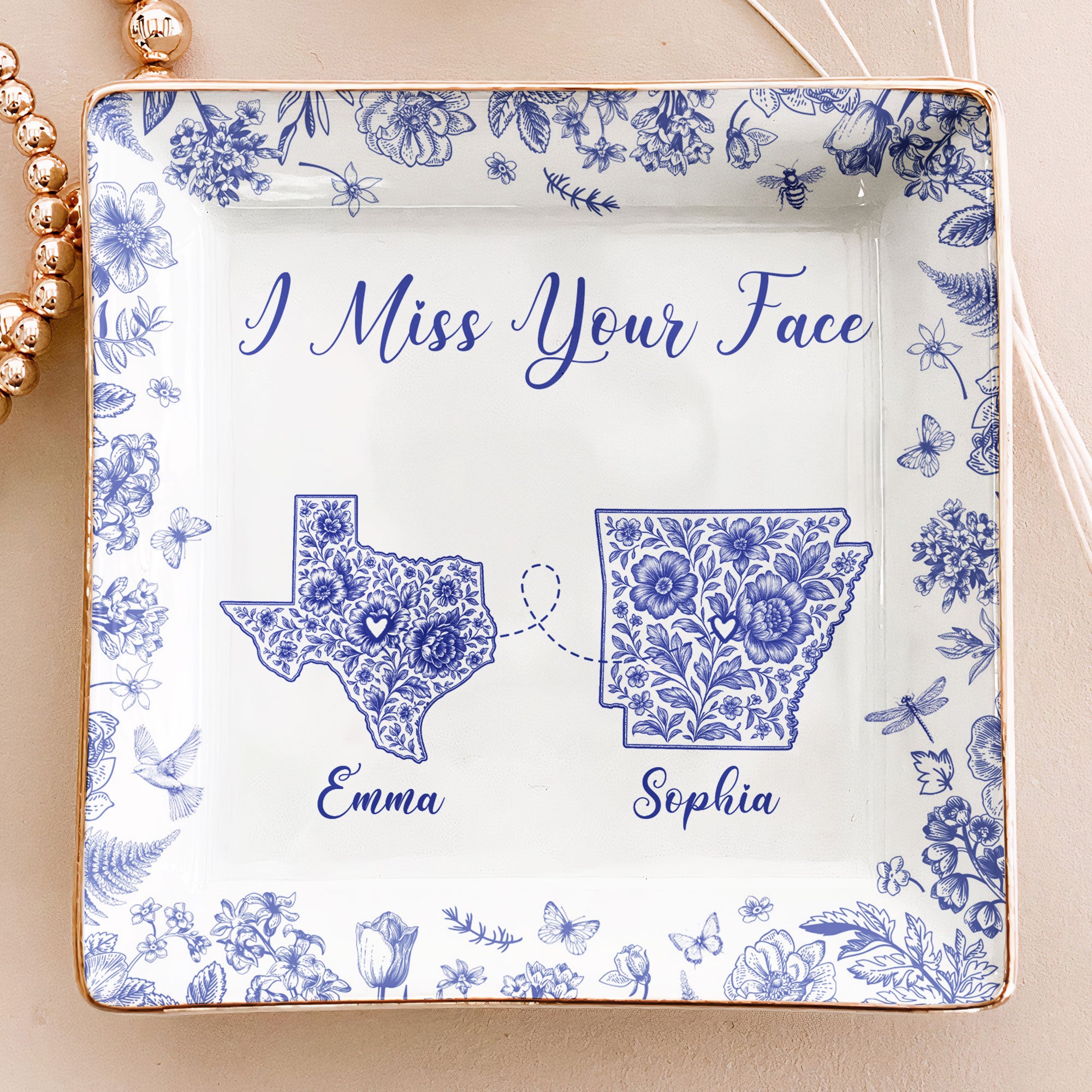 Long Distance Relationship I Miss You Toile De Jouy Custom States - Personalized Jewelry Dish