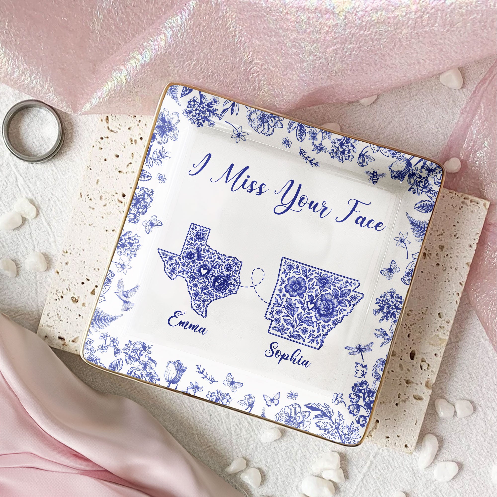 Long Distance Relationship I Miss You Toile De Jouy Custom States - Personalized Jewelry Dish