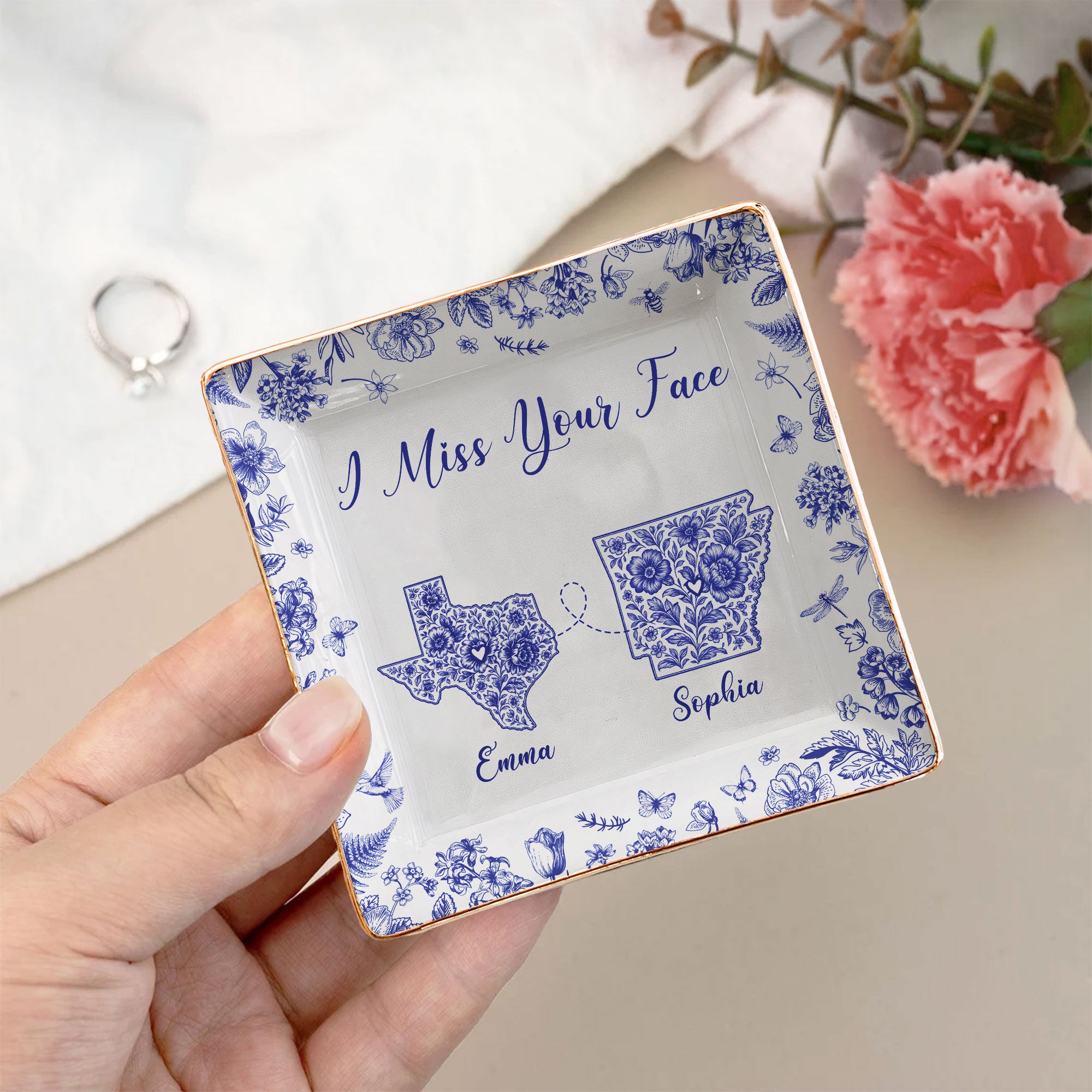 Long Distance Relationship I Miss You Toile De Jouy Custom States - Personalized Jewelry Dish
