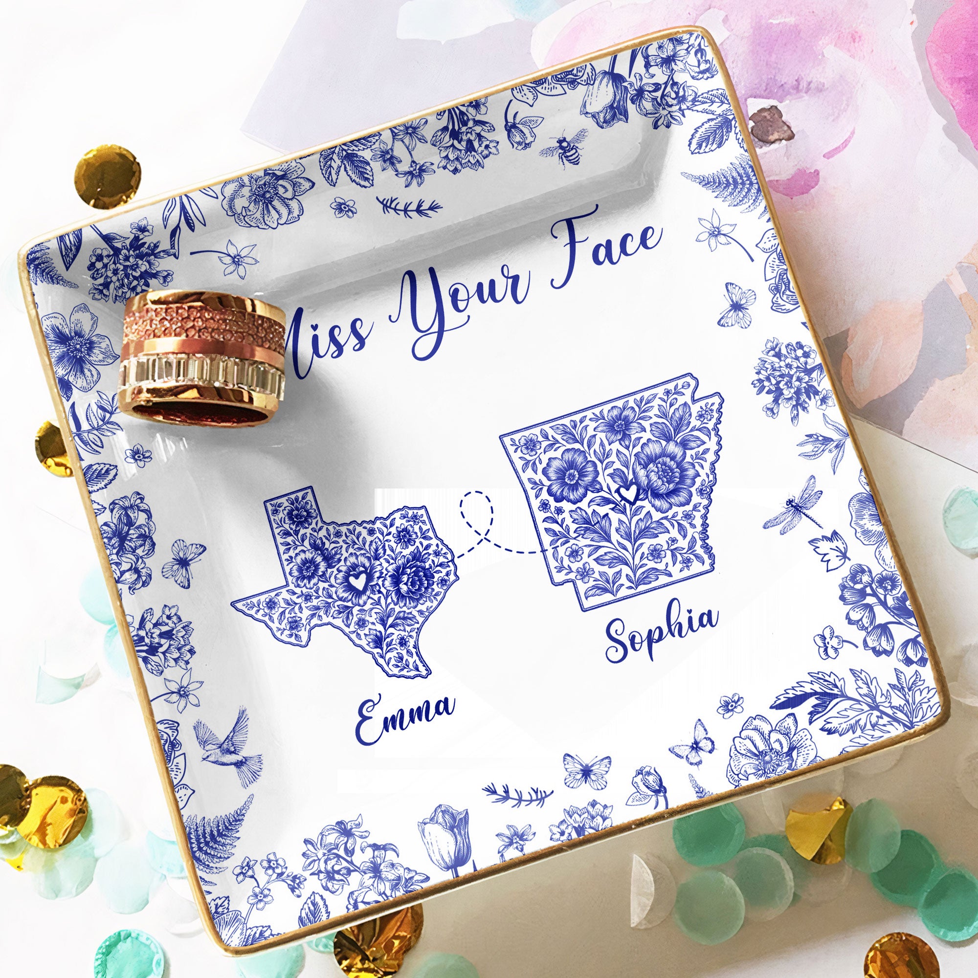 Long Distance Relationship I Miss You Toile De Jouy Custom States - Personalized Jewelry Dish