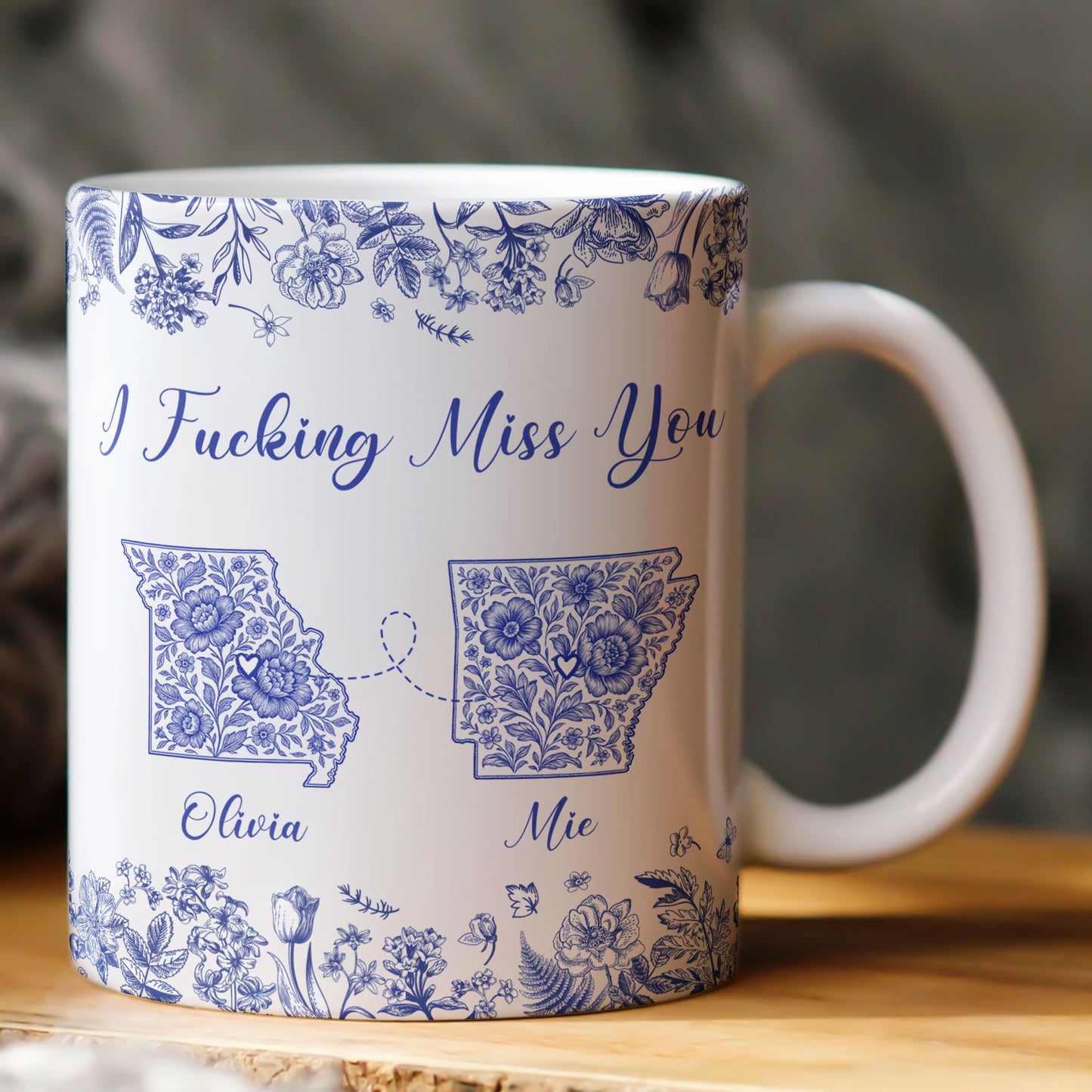 Long Distance Relationship I Miss You Toile De Jouy Custom States - Personalized Mug
