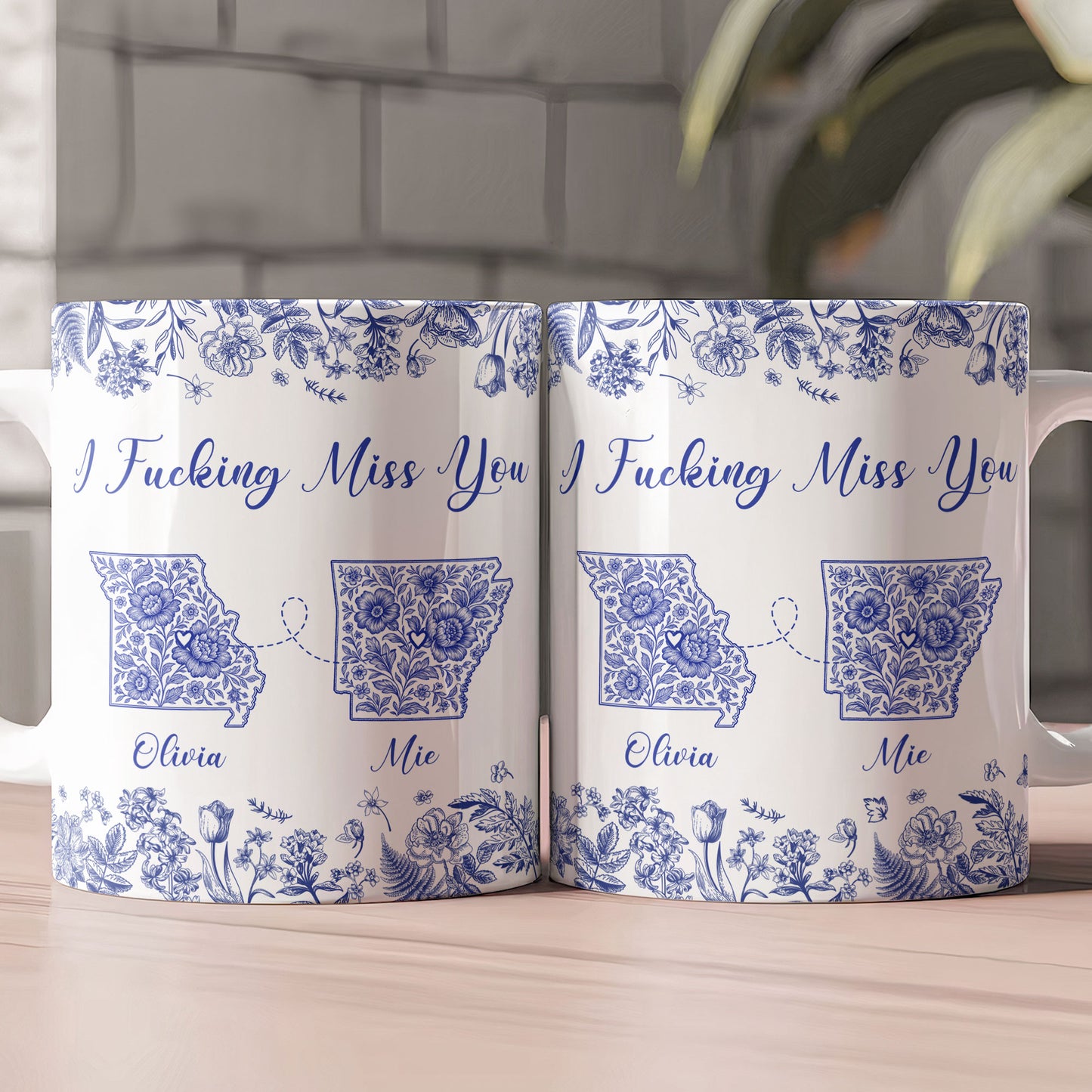 Long Distance Relationship I Miss You Toile De Jouy Custom States - Personalized Mug