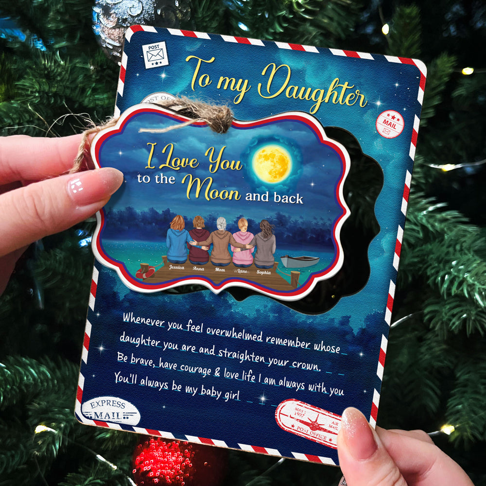 Love You To The Moon And Back - Personalized Christmas Wooden Card With Pop Our Ornament - Christmas Gift For Daughters, Sons