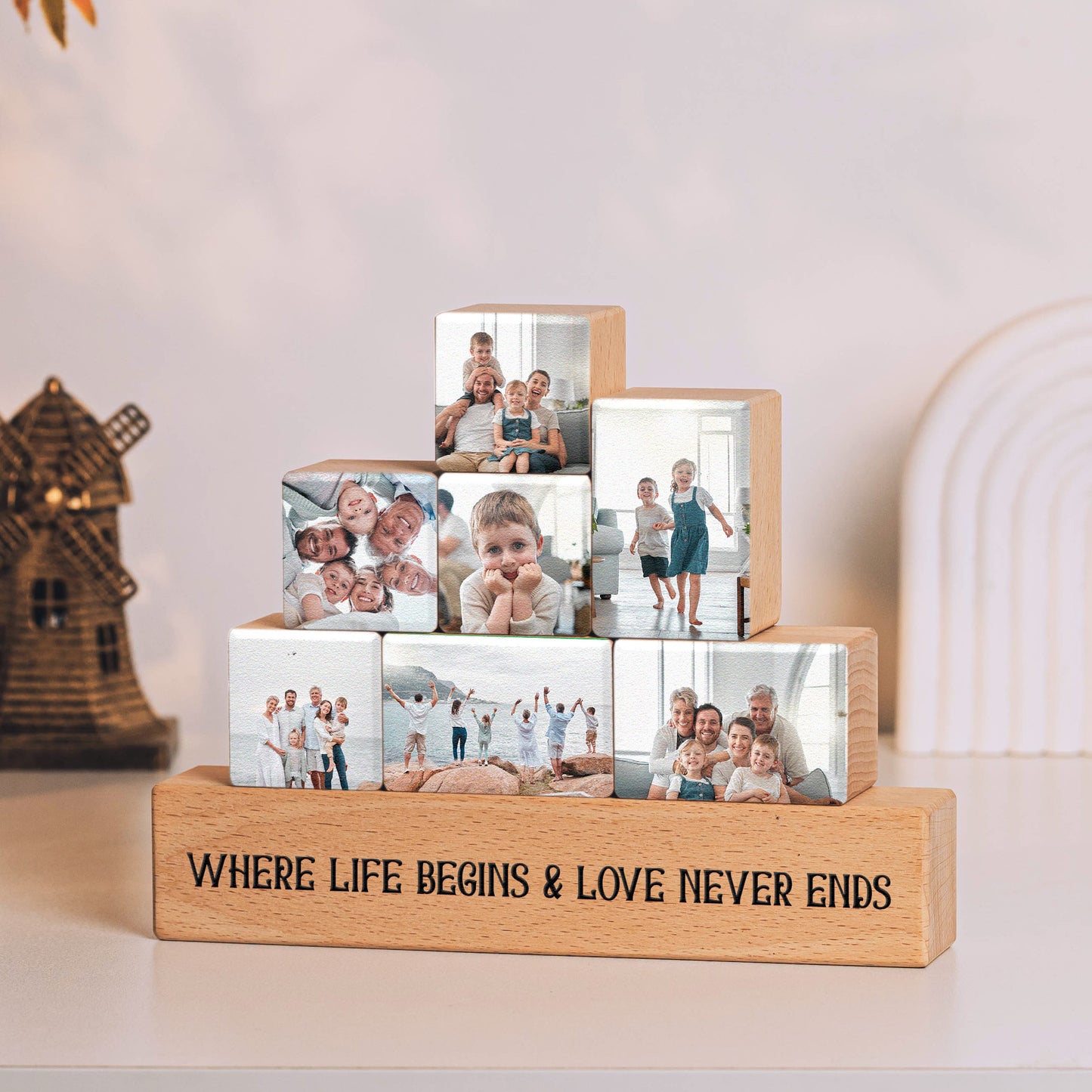 Love Never Ends Family Christmas Gift - Personalized Wooden Stacking Photo Blocks