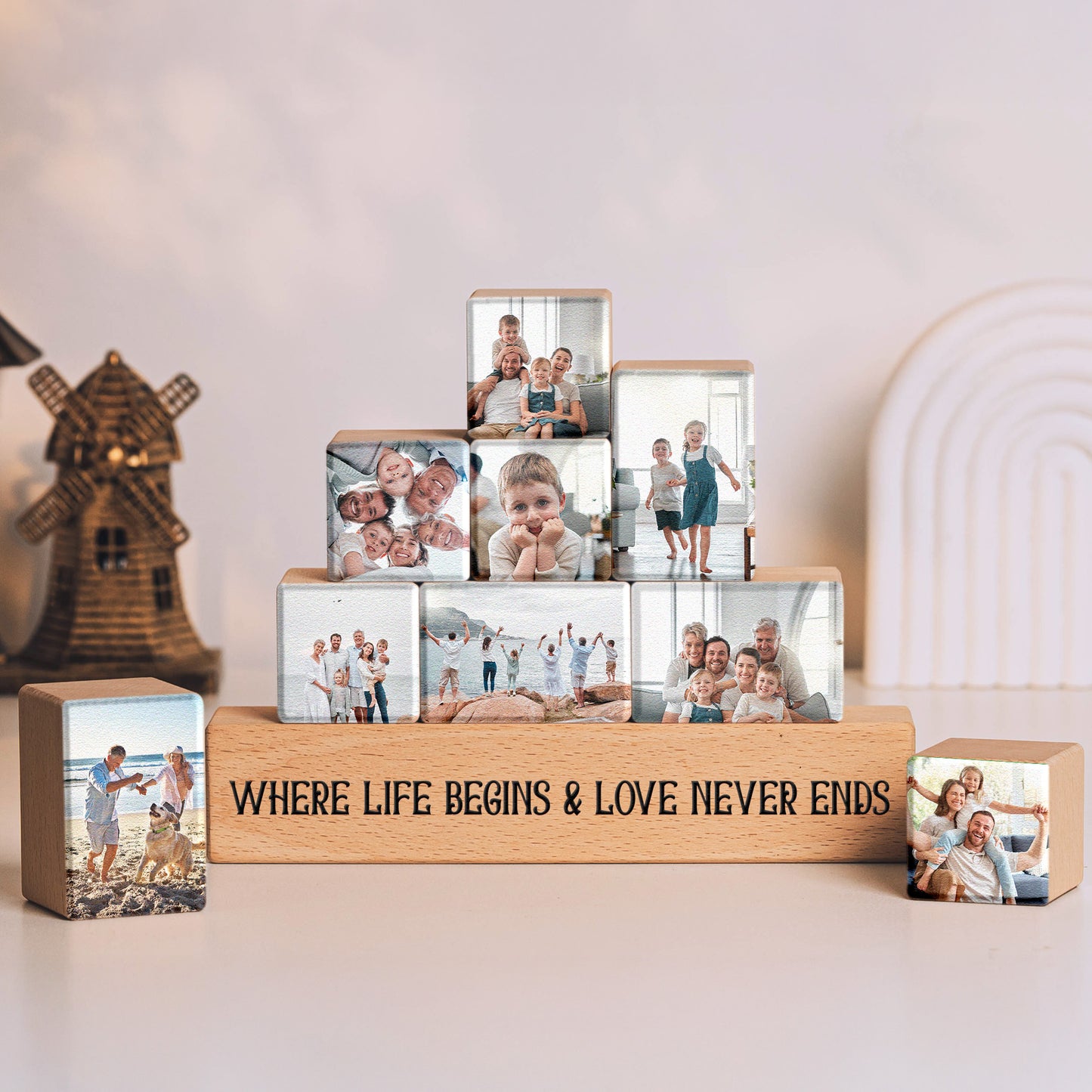 Love Never Ends Family Christmas Gift - Personalized Wooden Stacking Photo Blocks