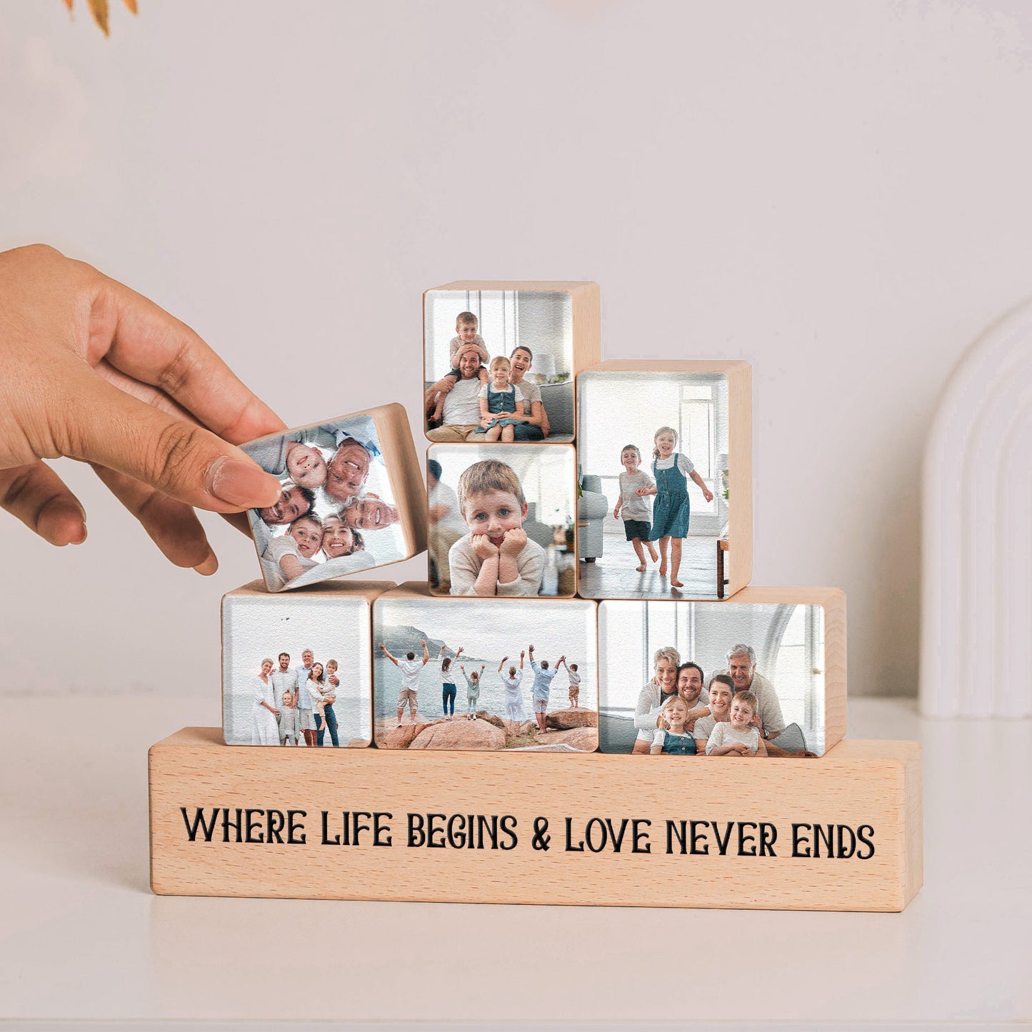 Love Never Ends Family Christmas Gift - Personalized Wooden Stacking Photo Blocks
