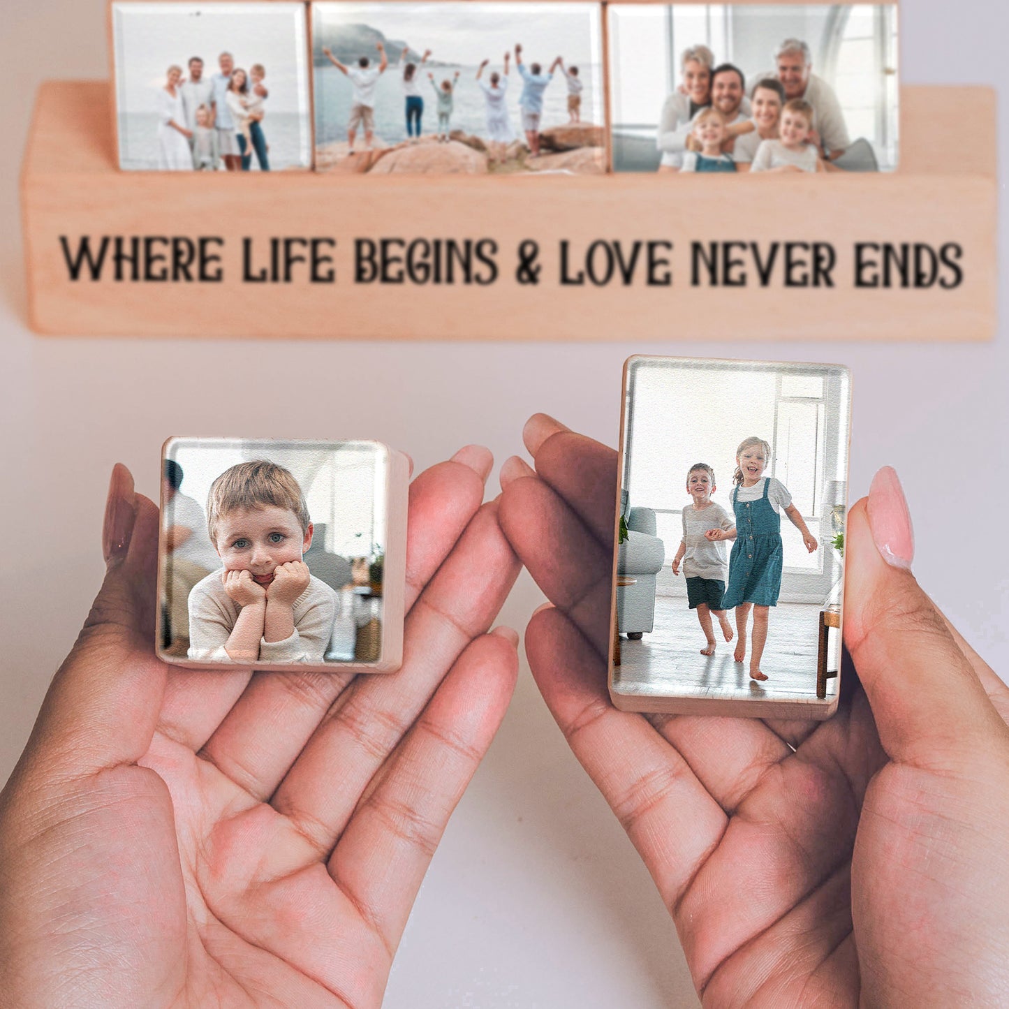 Love Never Ends Family Christmas Gift - Personalized Wooden Stacking Photo Blocks