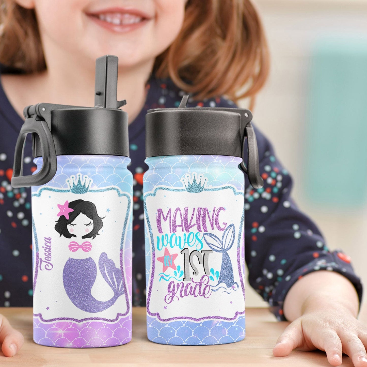 Making Waves In School - Personalized Kids Water Bottle With Straw Lid