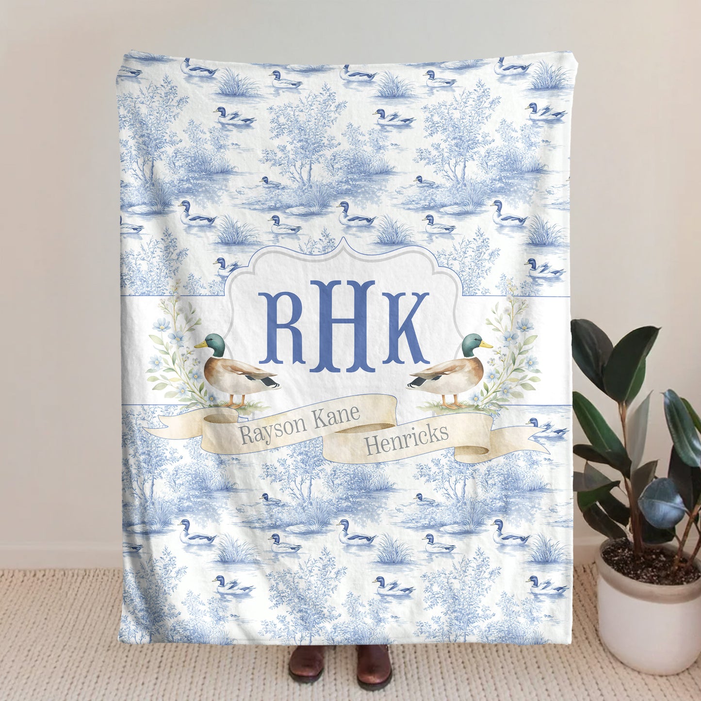 Mallard Duck Monogram Toile De Jouy Gift For Kid - Personalized Blanket