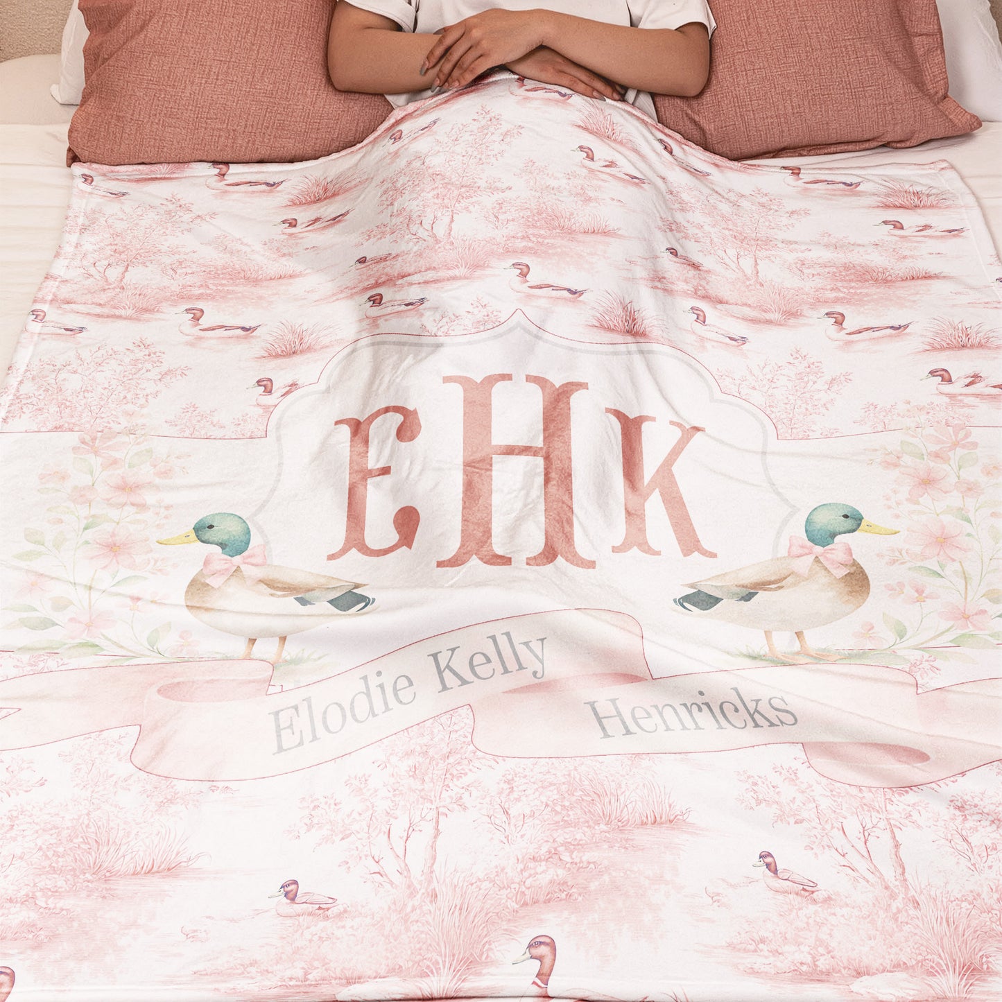 Mallard Duck Monogram Toile De Jouy Gift For Kid - Personalized Blanket