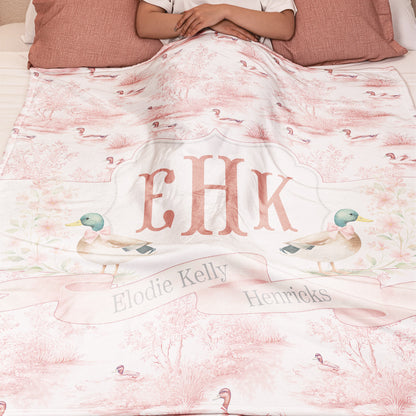 Mallard Duck Monogram Toile De Jouy Gift For Kid - Personalized Blanket