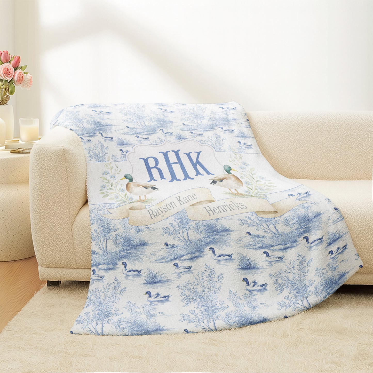 Mallard Duck Monogram Toile De Jouy Gift For Kid - Personalized Blanket