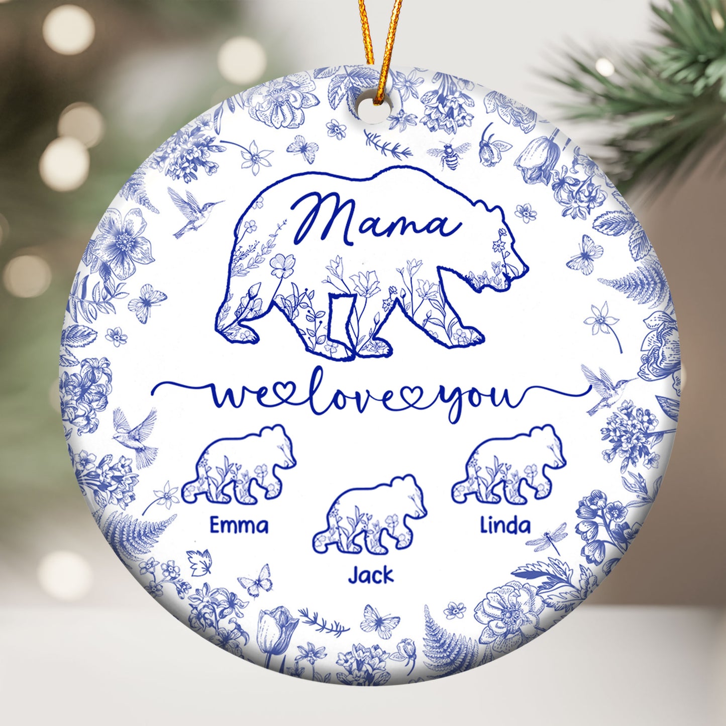 Mama Bear Toile De Jouy - Personalized Ceramic Ornament