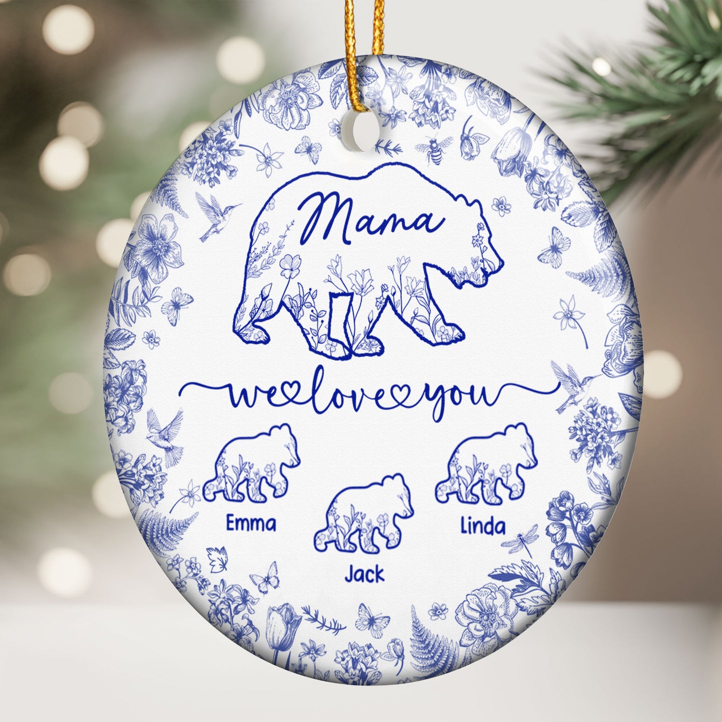 Mama Bear Toile De Jouy - Personalized Ceramic Ornament