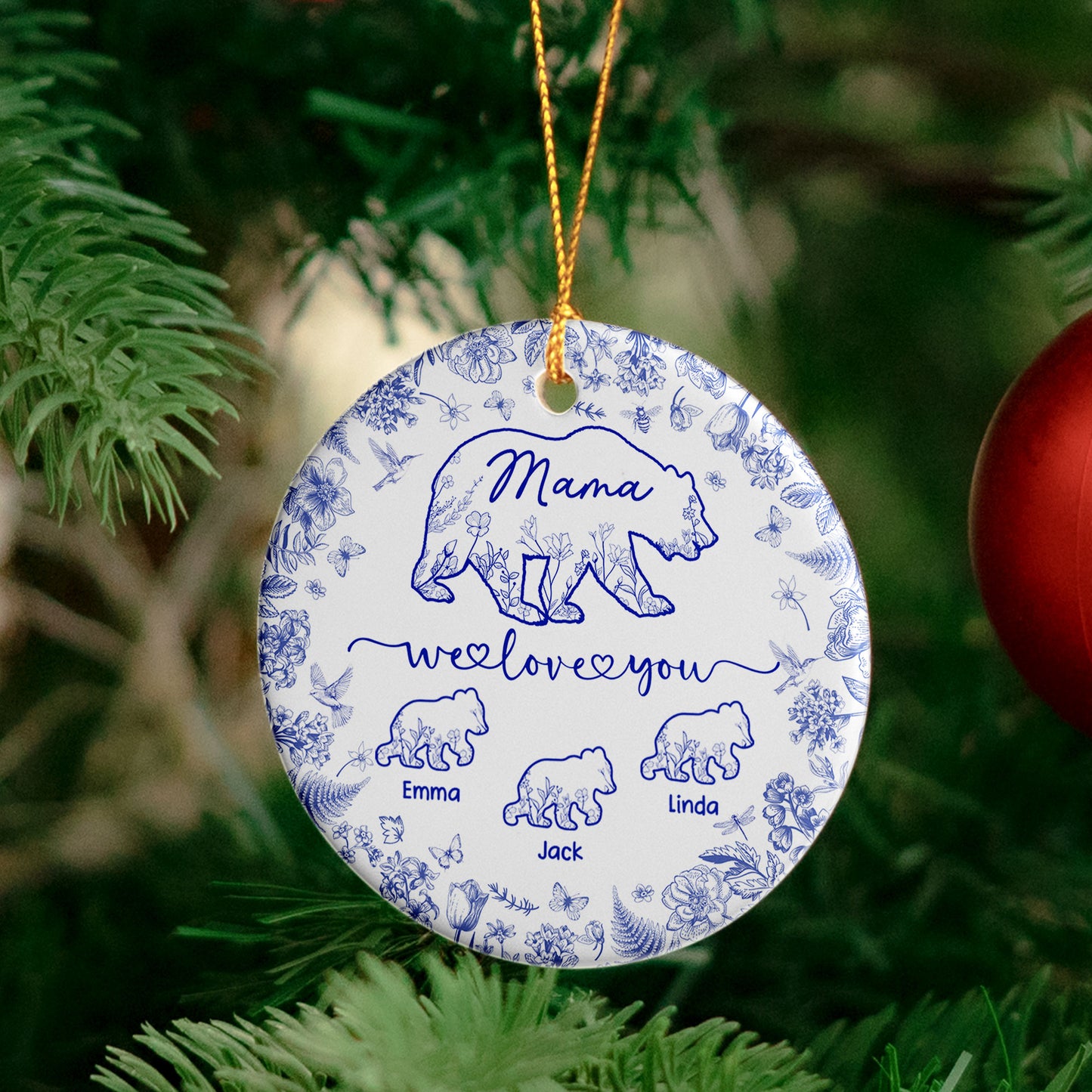 Mama Bear Toile De Jouy - Personalized Ceramic Ornament