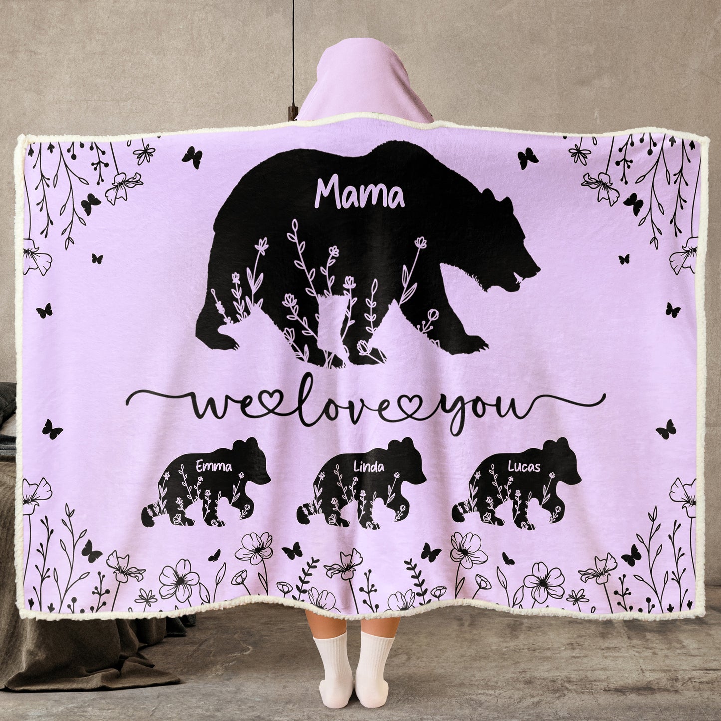 Mama Bear We Love You Floral Version - Personalized Wearable Blanket
