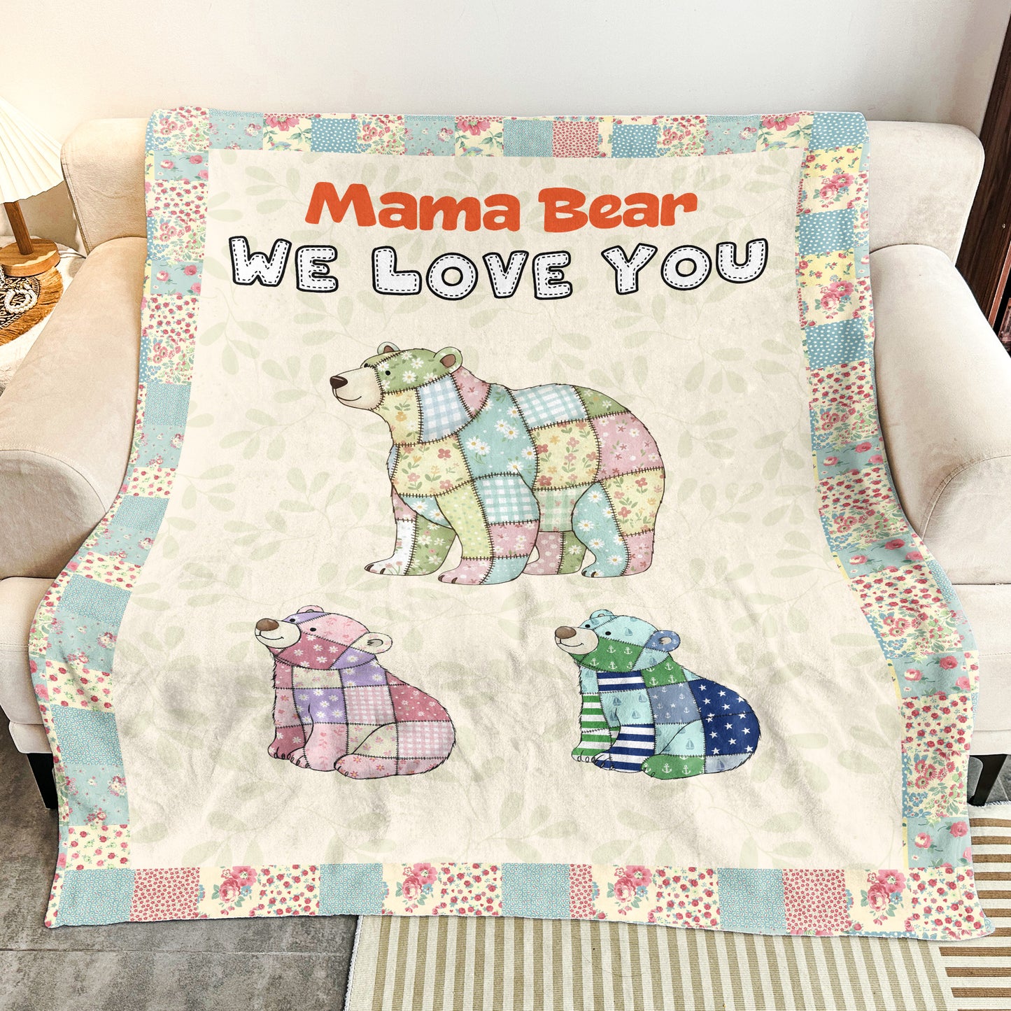 Mama Bear We Love You Patchwork Print - Personalized Blanket