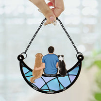 Man And Dog Sitting On The Moon - Personalized Window Hanging Suncatcher Ornament