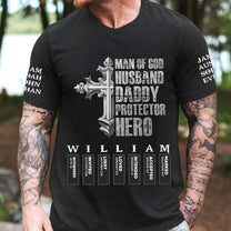 Man Of God Husband Daddy Protector Hero With Name Letter In Bible - Personalized Shirt