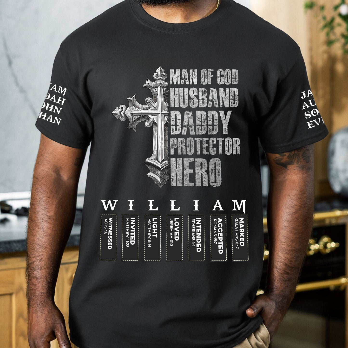 Man Of God Husband Daddy Protector Hero With Name Letter In Bible - Personalized Shirt