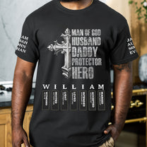Man Of God Husband Daddy Protector Hero With Name Letter In Bible - Personalized Shirt