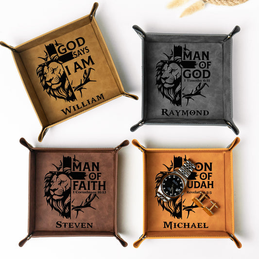 Man Of God - Man Of Faith Religious Christian Gift For Him - Personalized Leather Valet Tray