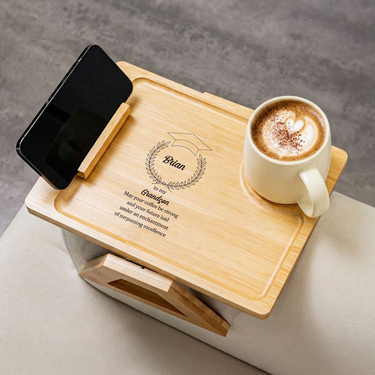 May_Your_Coffee_Be_Strong_Personalized_Wooden_Couch_Arm_Table_1