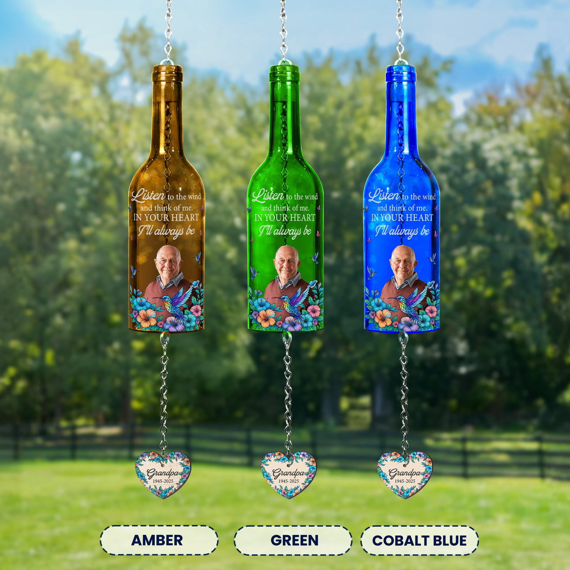 Memorial Gift Listen To The Wind & Think Of Me - Personalized Photo Wine Bottle Wind Chime