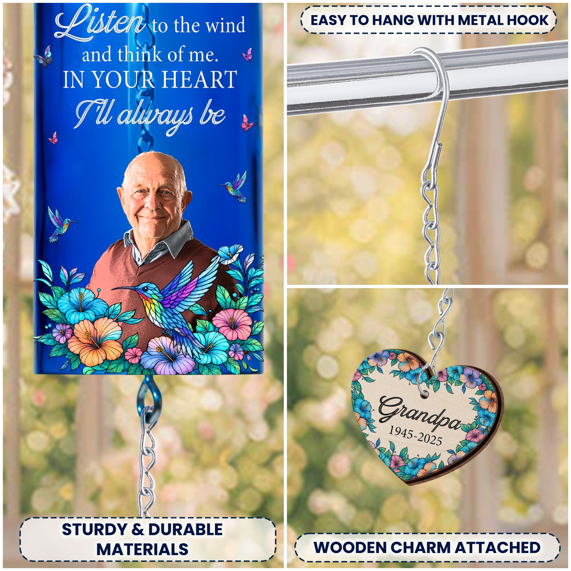 Memorial Gift Listen To The Wind & Think Of Me - Personalized Photo Wine Bottle Wind Chime
