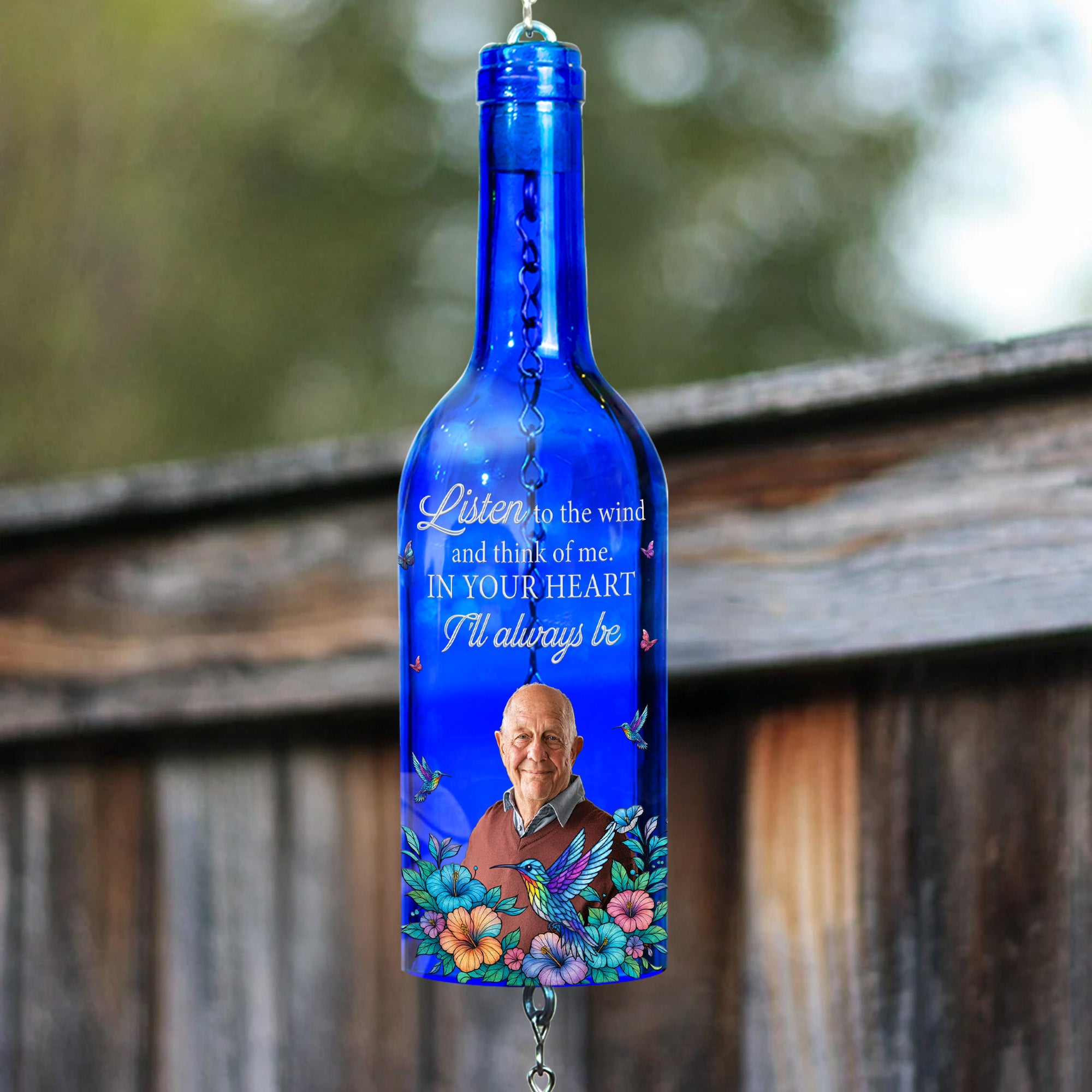 Memorial Gift Listen To The Wind & Think Of Me - Personalized Photo Wine Bottle Wind Chime