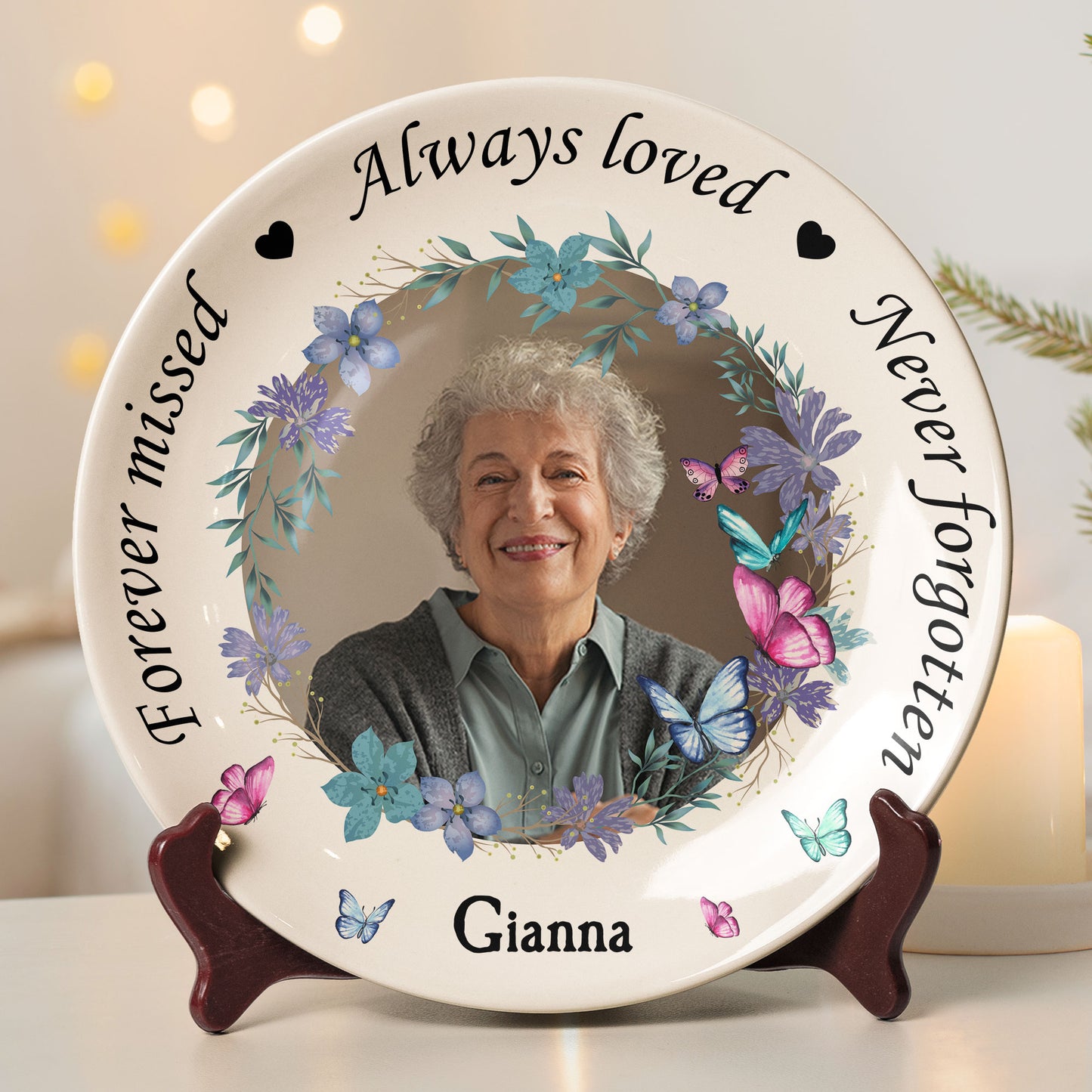 Memorial Plate With Custom Photo And Floral Design - Personalized Photo Ceramic Plate