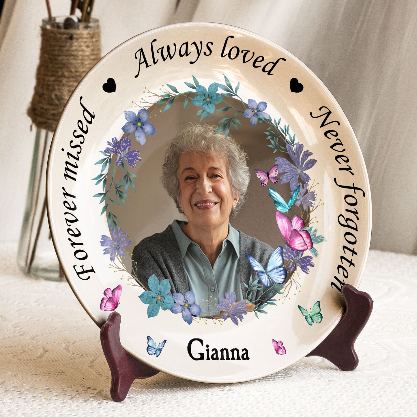 Memorial Plate With Custom Photo And Floral Design - Personalized Photo Ceramic Plate