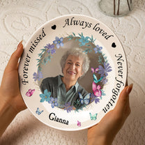 Memorial Plate With Custom Photo And Floral Design - Personalized Photo Ceramic Plate