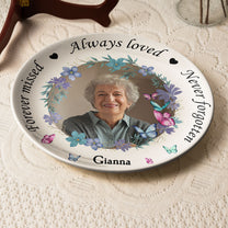 Memorial Plate With Custom Photo And Floral Design - Personalized Photo Ceramic Plate