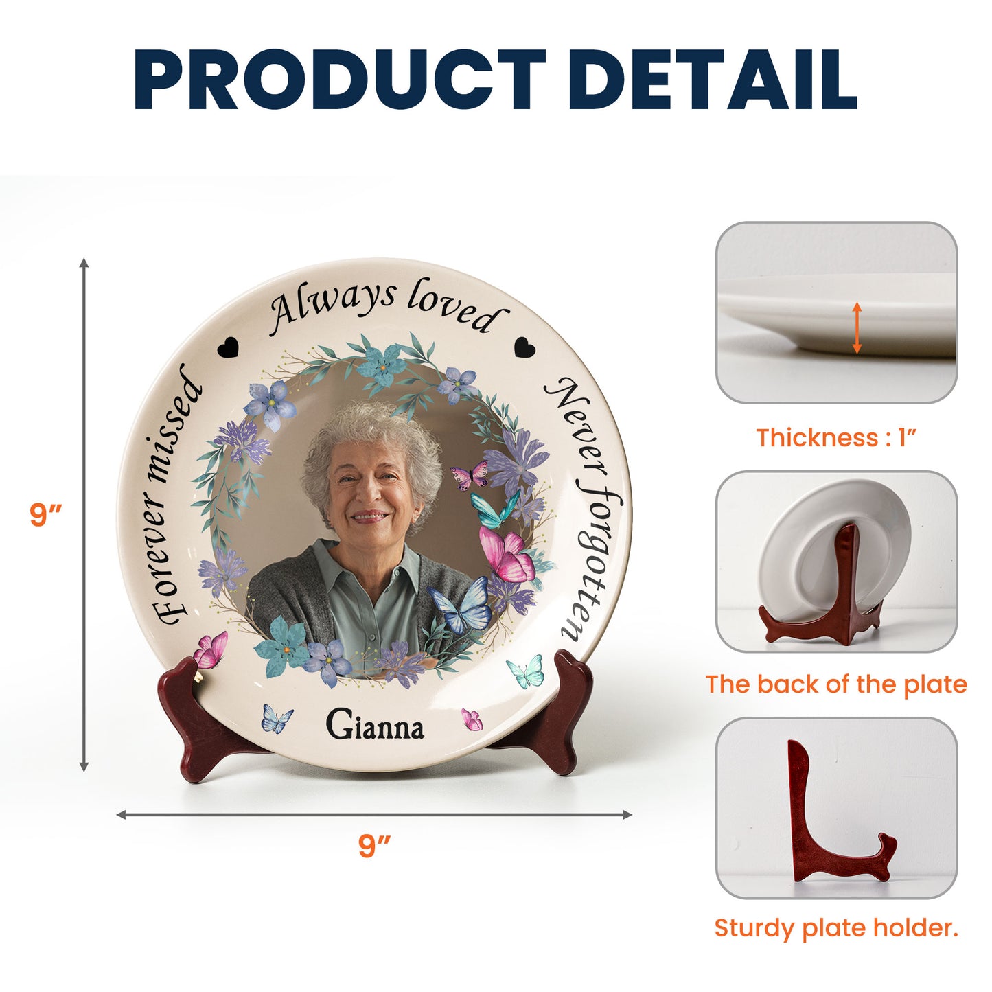 Memorial Plate With Custom Photo And Floral Design - Personalized Photo Ceramic Plate