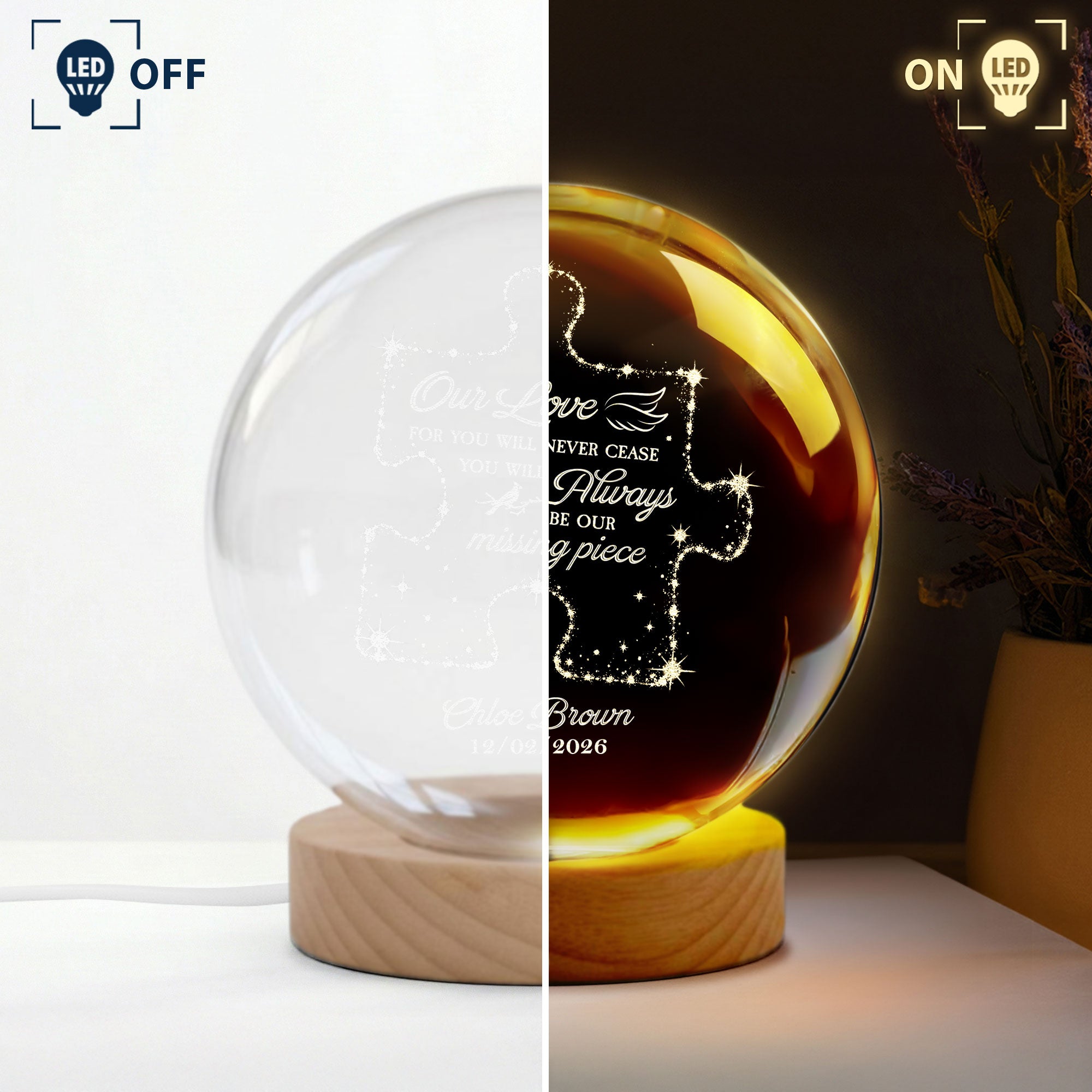 Memorial-Gifts Our Missing Piece Crystal Ball Light - Personalized Night Light 3