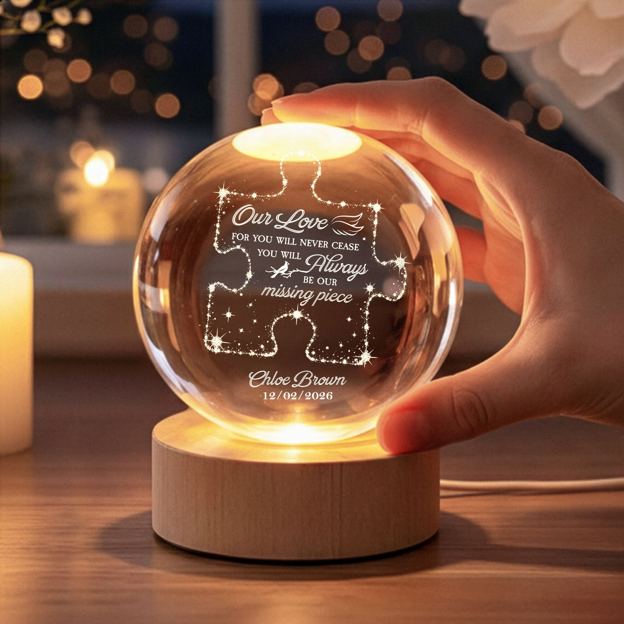 Memorial-Gifts Our Missing Piece Crystal Ball Light - Personalized Night Light 4
