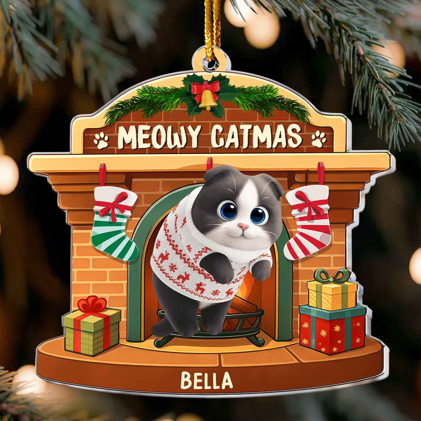 Meowy Catmas - Hanging Cat - Personalized Acrylic Ornament