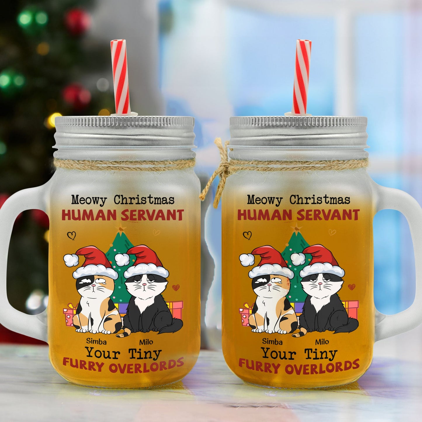 Meowy Christmas - Personalized Mason Jar Cup With Straw