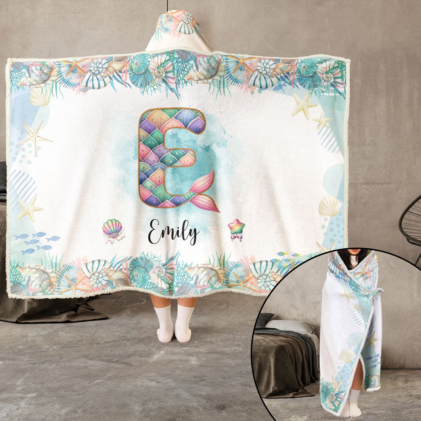 Mermaid Alphabet Blanket For Kid - Personalized Wearable Blanket Hoodie