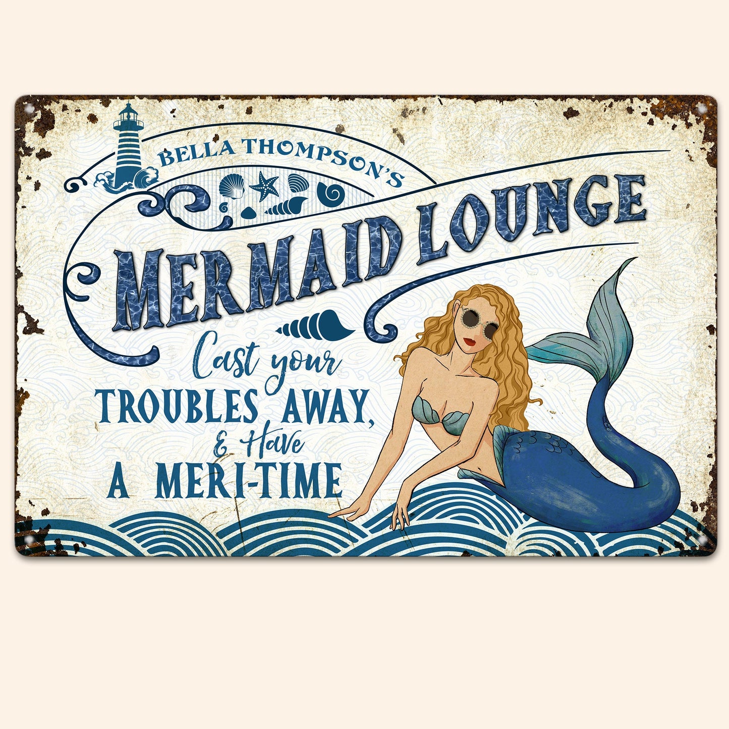 Mermaid Lounge - Cast Your Troubles Away - Personalized Metal Sign - Welcome Sign Gift For Mermaid Girl, Ocean Lovers, Decoration Gift