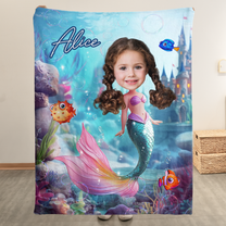 Mermaid Princess - Gifts For Daughters, Little Girls - Custom Name & Face - Personalized Photo Blanket