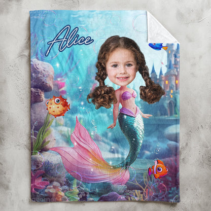 Mermaid Princess - Gifts For Daughters, Little Girls - Custom Name & Face - Personalized Photo Blanket