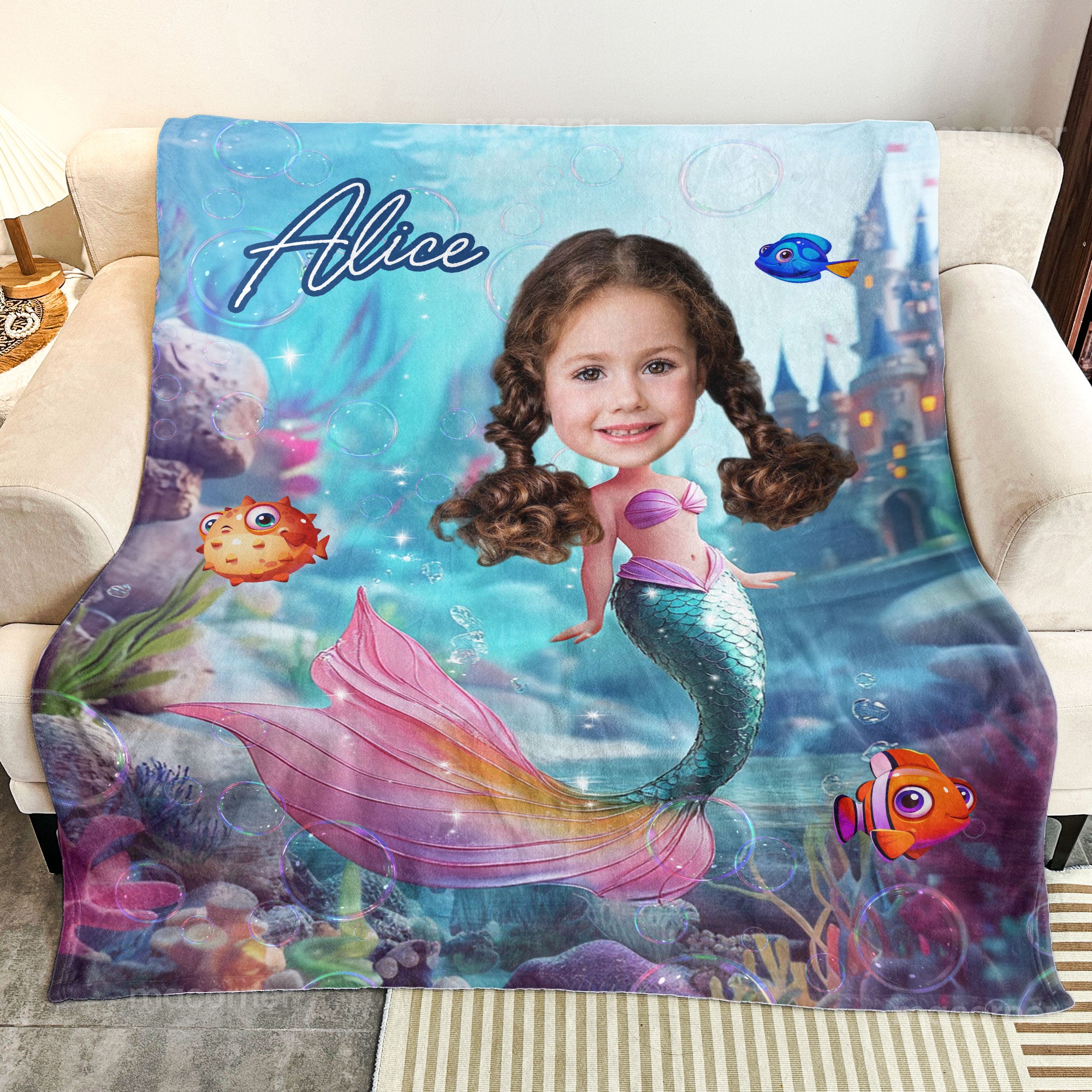 Mermaid Princess - Gifts For Daughters, Little Girls - Custom Name & Face - Personalized Photo Blanket