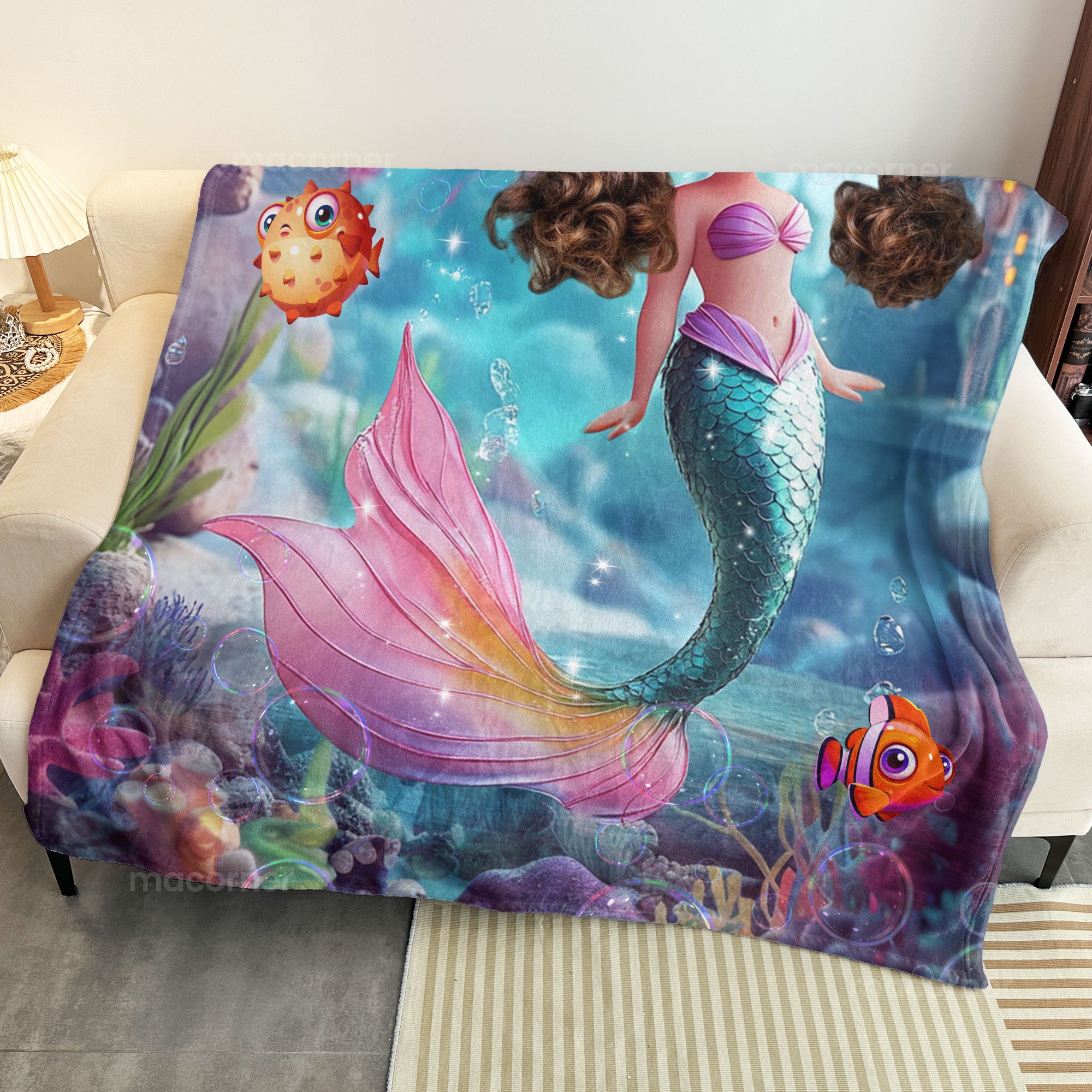 Mermaid Princess - Gifts For Daughters, Little Girls - Custom Name & Face - Personalized Photo Blanket