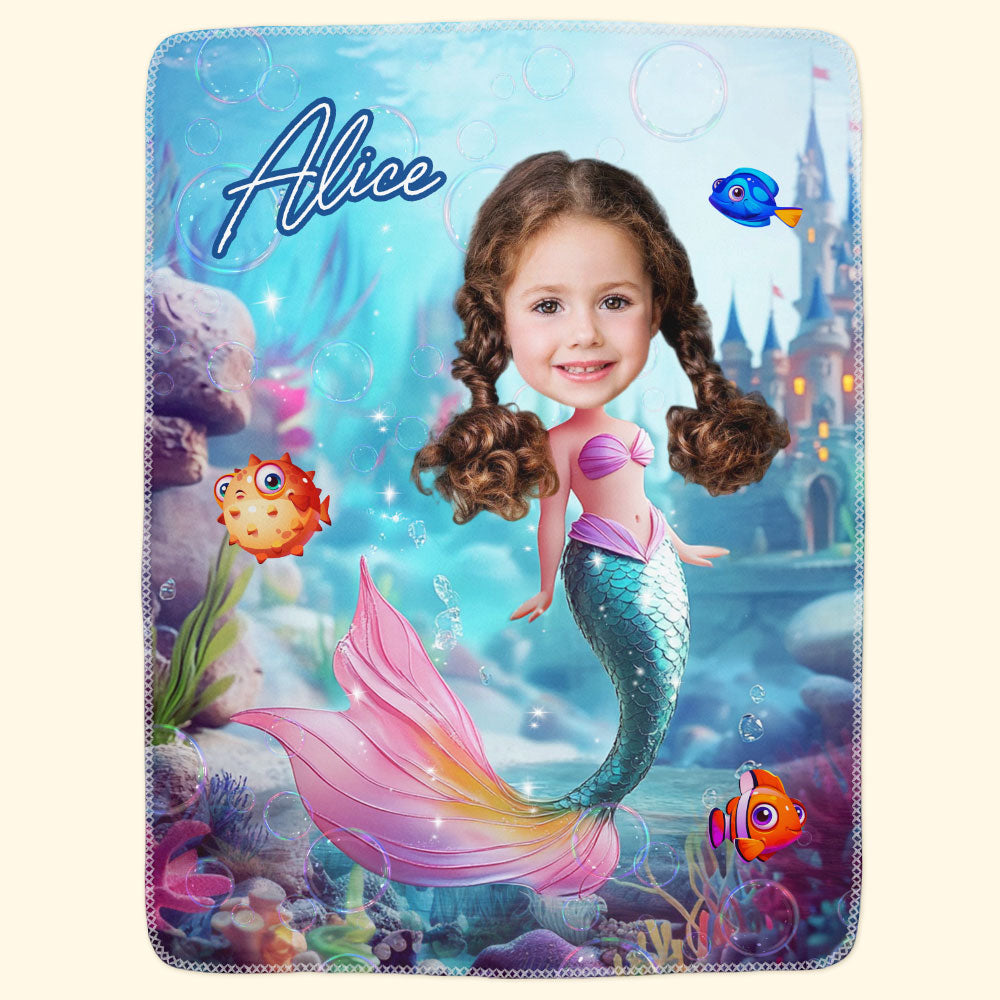 Mermaid Princess - Gifts For Daughters, Little Girls - Custom Name & Face - Personalized Photo Blanket