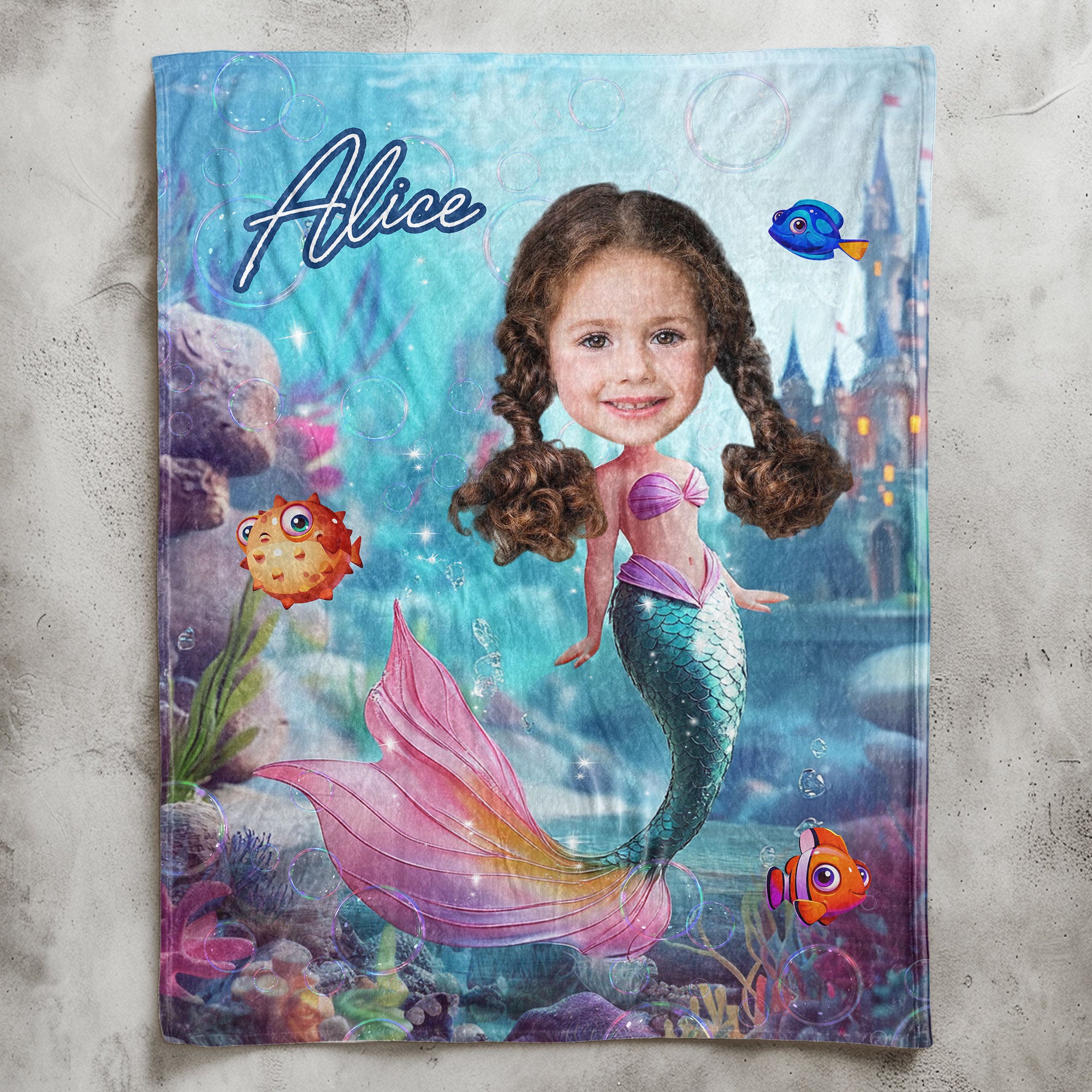 Mermaid Princess - Gifts For Daughters, Little Girls - Custom Name & Face - Personalized Photo Blanket